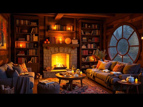 Soft Jazz in Cozy Reading Nook Ambience ⛈ Heavy Rain Sounds & Crackling Fireplace for Sleep, Study