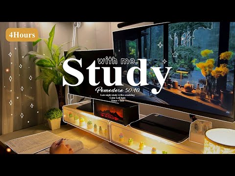 4-HOUR 💛 Late Night Study With Me • Fire Crackling🕯️+ Lofi bgm • Pomodoro 50-10 • Day190🌻