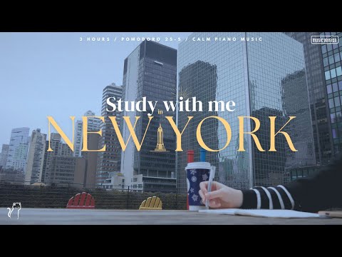 3-HOUR STUDY WITH ME 🏙️ / Pomodoro 25/5 / 🎶 calm piano + rain sounds [Music ver.] in New York 🚕