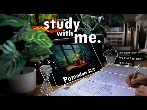 4-HOUR🌿Late Night Study With Me • Fire Crackling ☘️+ Lofi bgm • Pomodoro 50-10 • Day110🪴