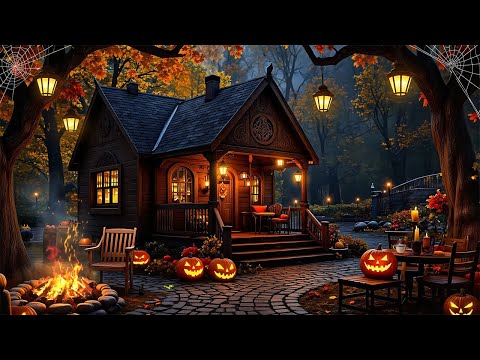 Relaxing Jazz Music for a Cozy Autumn - Halloween Coffee Shop Ambience Inside the Forest at Night