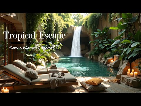 Serene Waterfall Retreat☕Tropical Escape With Gentle & Tranquil Jazz With Nature Therapy