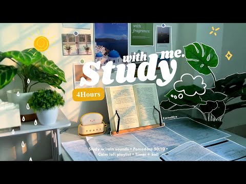 4-HOUR🌻Study With Me • Rain sounds☔+ Lofi bgm • Pomodoro 50-10 • Day182🪴