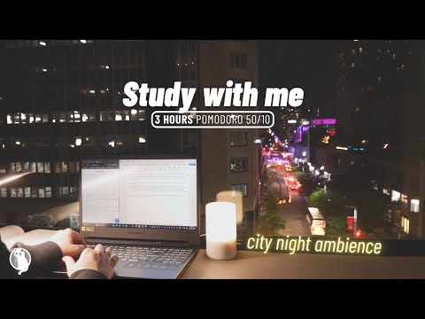 3-HOUR STUDY WITH ME [Pomodoro 50/10] Late Night 🌃 City Night Ambience / No Music / 🔥 Fire Cracking