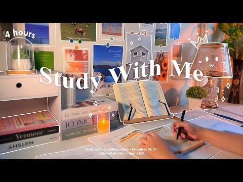 4-HOUR 🧡🌿 Study With Me •  Fire Crackling🕯️+ Lofi bgm • Pomodoro 50-10 • Day202🍂